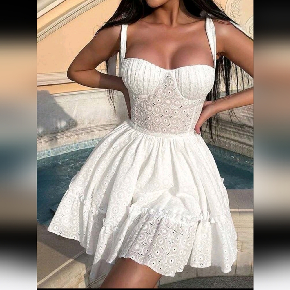 Women Sleeveless Lace Mini Dress Square Neck Back Tie-Up Short Tank Dress Flowy